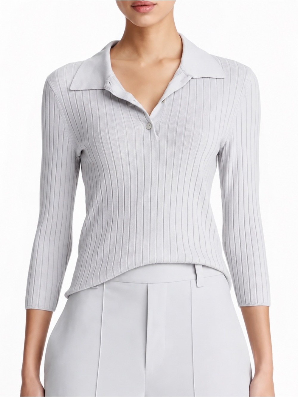 Vince Ribbed Wool Three Quarter Sleeve Polo Sweater Size M